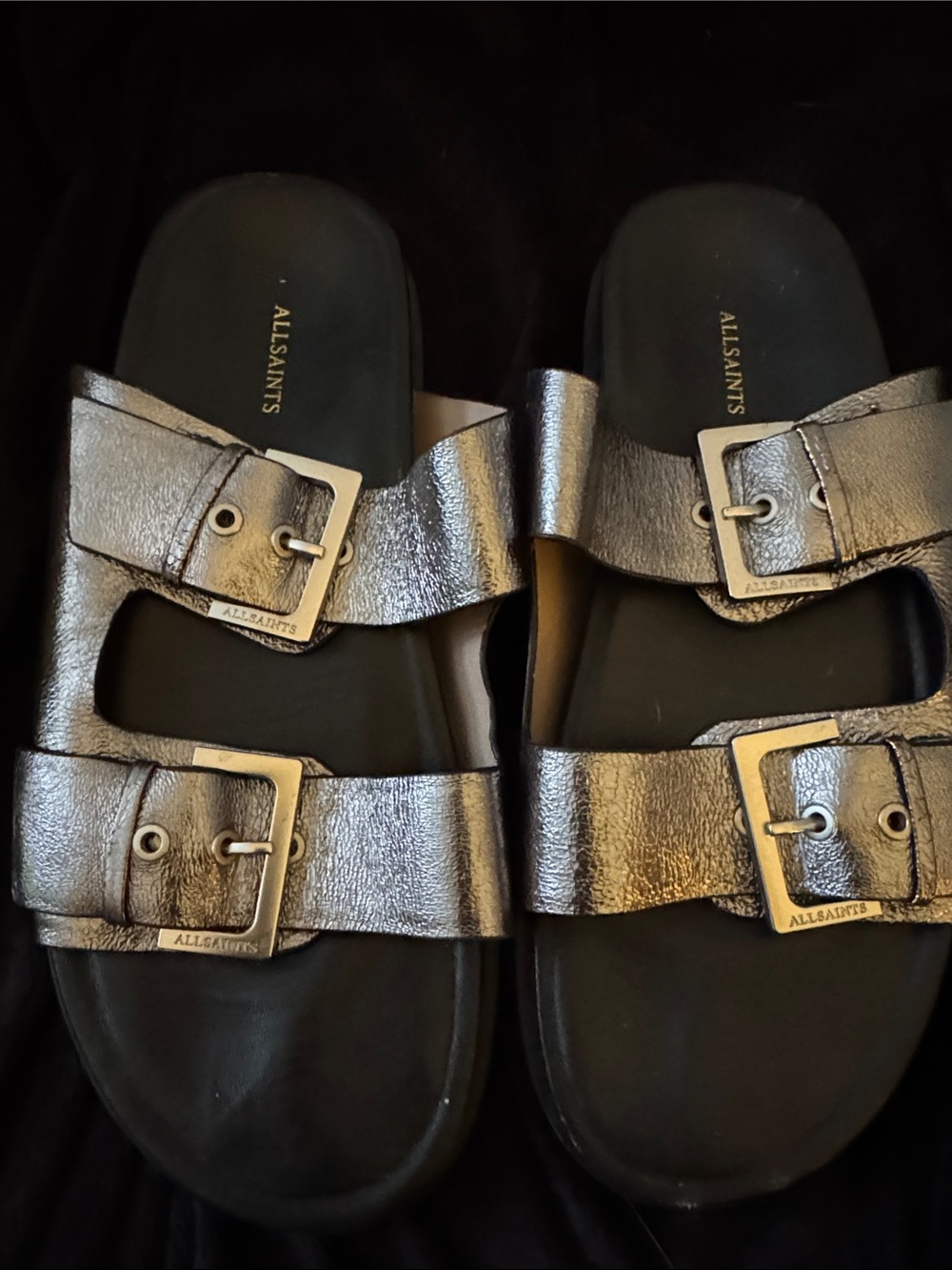 AllSaints Metallic Silver Double-Buckle Slide Sandals